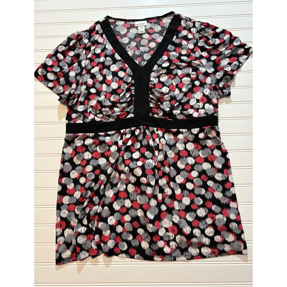 Motherhood Maternity Top Women's 2X Black Pink Gray Dot V-Neck Empire Tie Back
